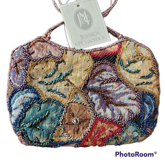 Jessica McClintock bag beaded tapestry evening bag with hoop handles - Picture 2 of 5